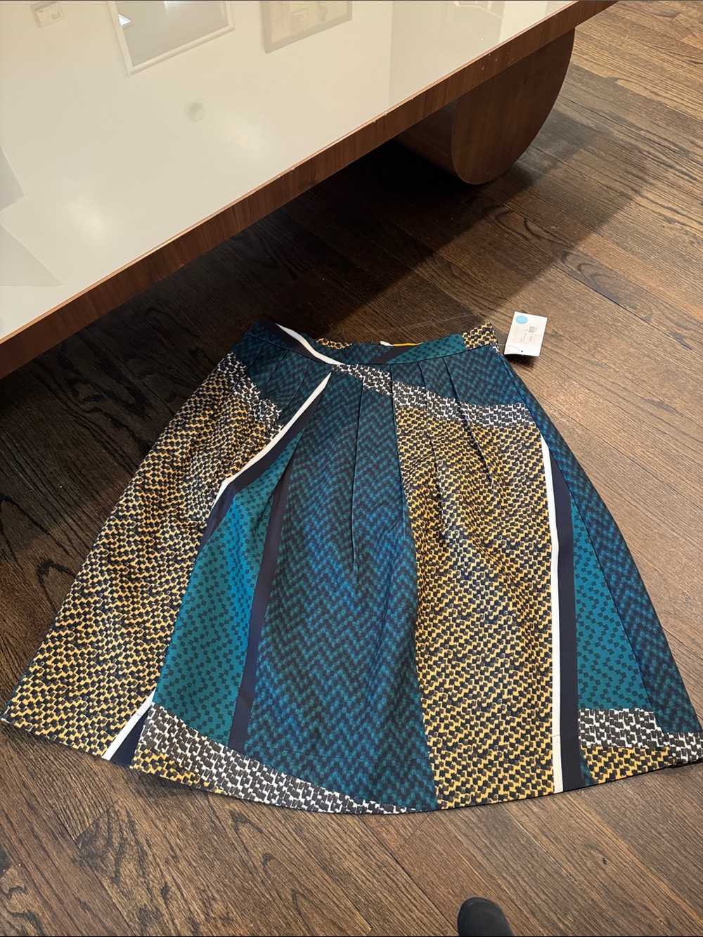 Printed Pleated A-Line Skirt in Teal and Mustard